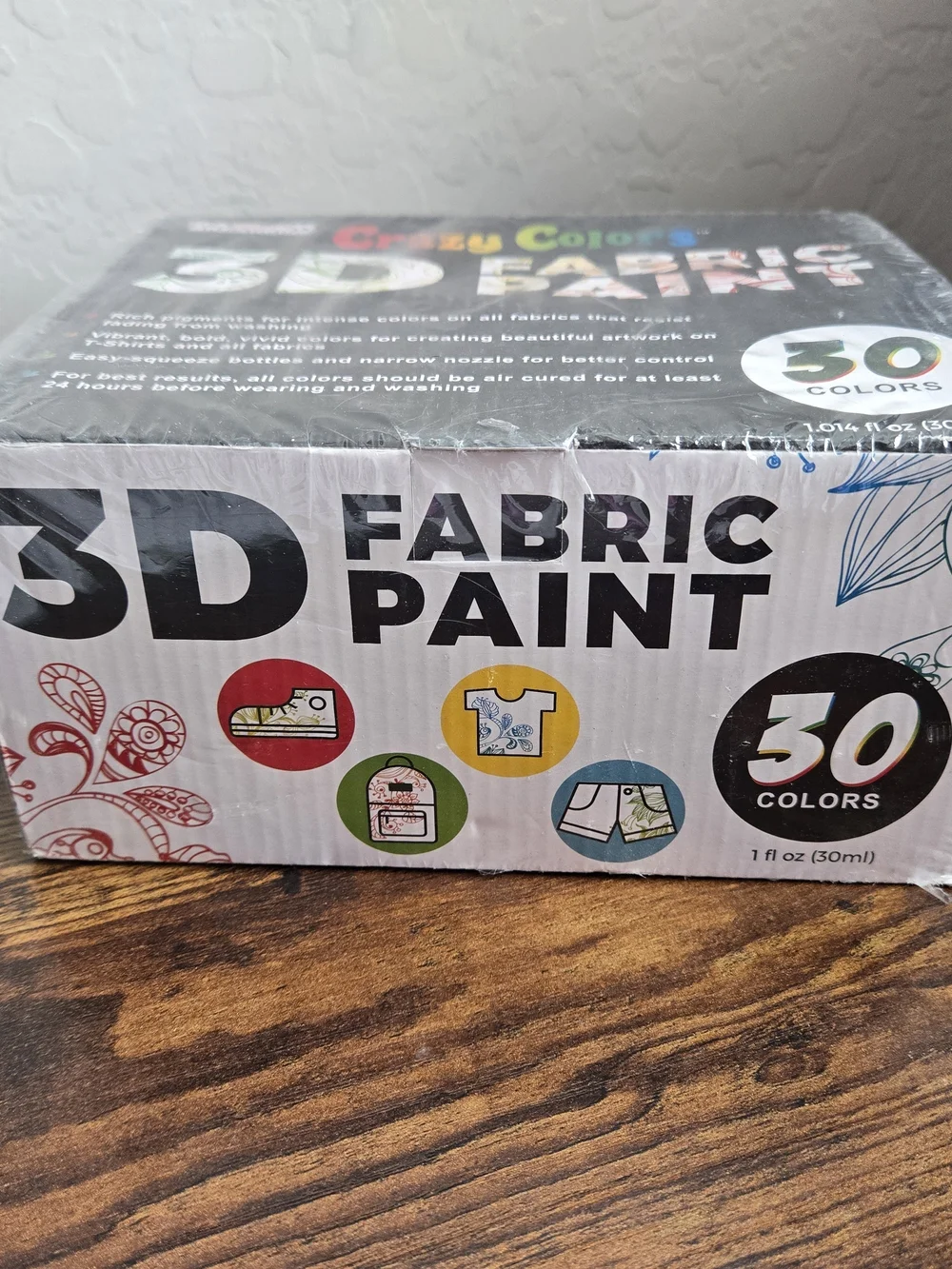 NIB U.S. Art Supply Crazy Colors 3D Fabric Paint Set - 30 Pack Squeeze Bottles